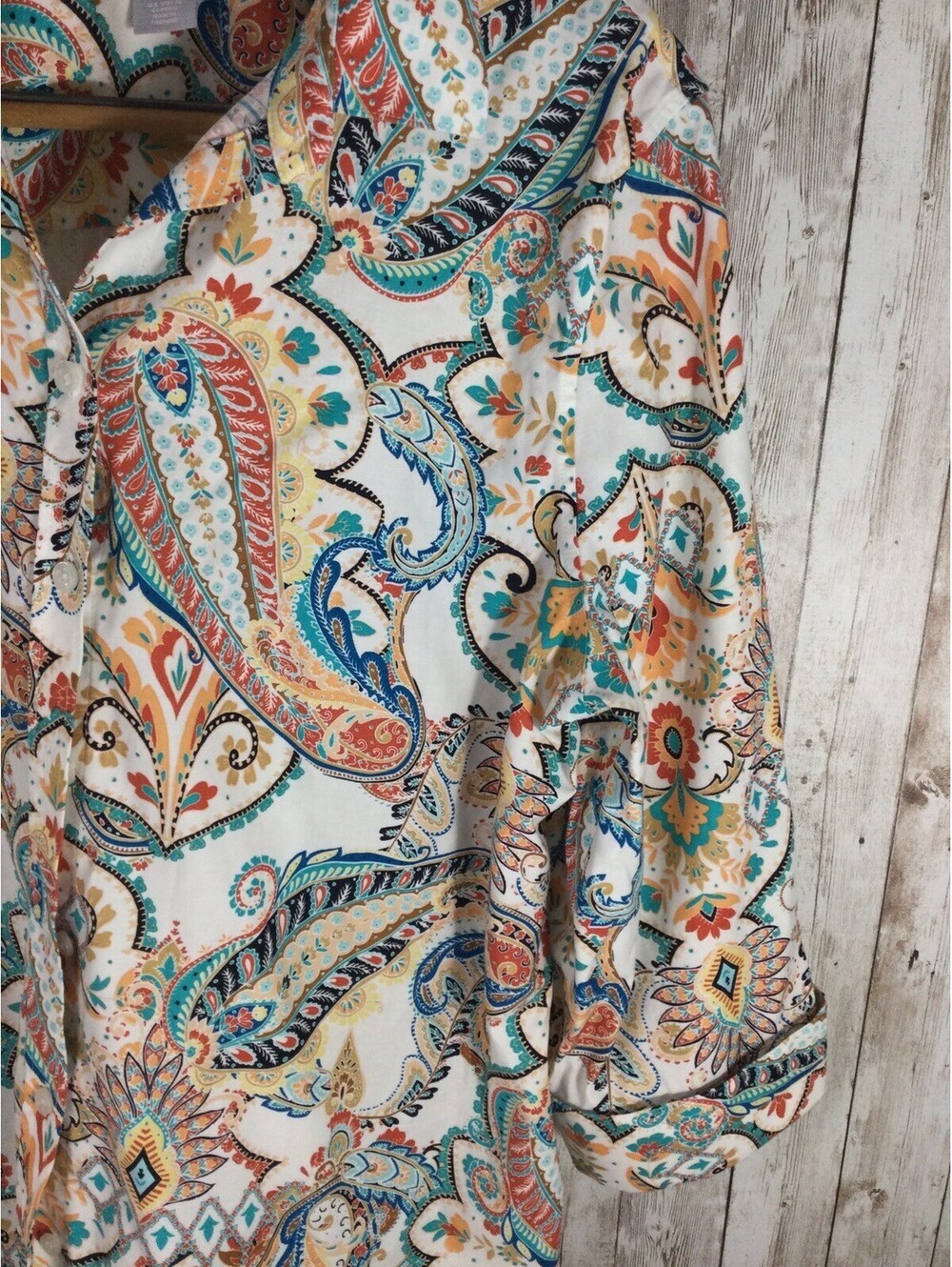 Chico’s 2.5 No Iron Chic Stretch Paisley Colorful Top Adj Sleeve Artsy NICE - Picture 4 of 8